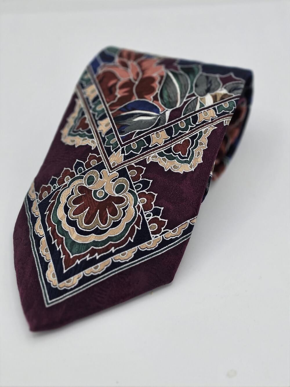 Vintage Special Effects Silk Tie Burgundy Black Geometric Floral Medallion 80s